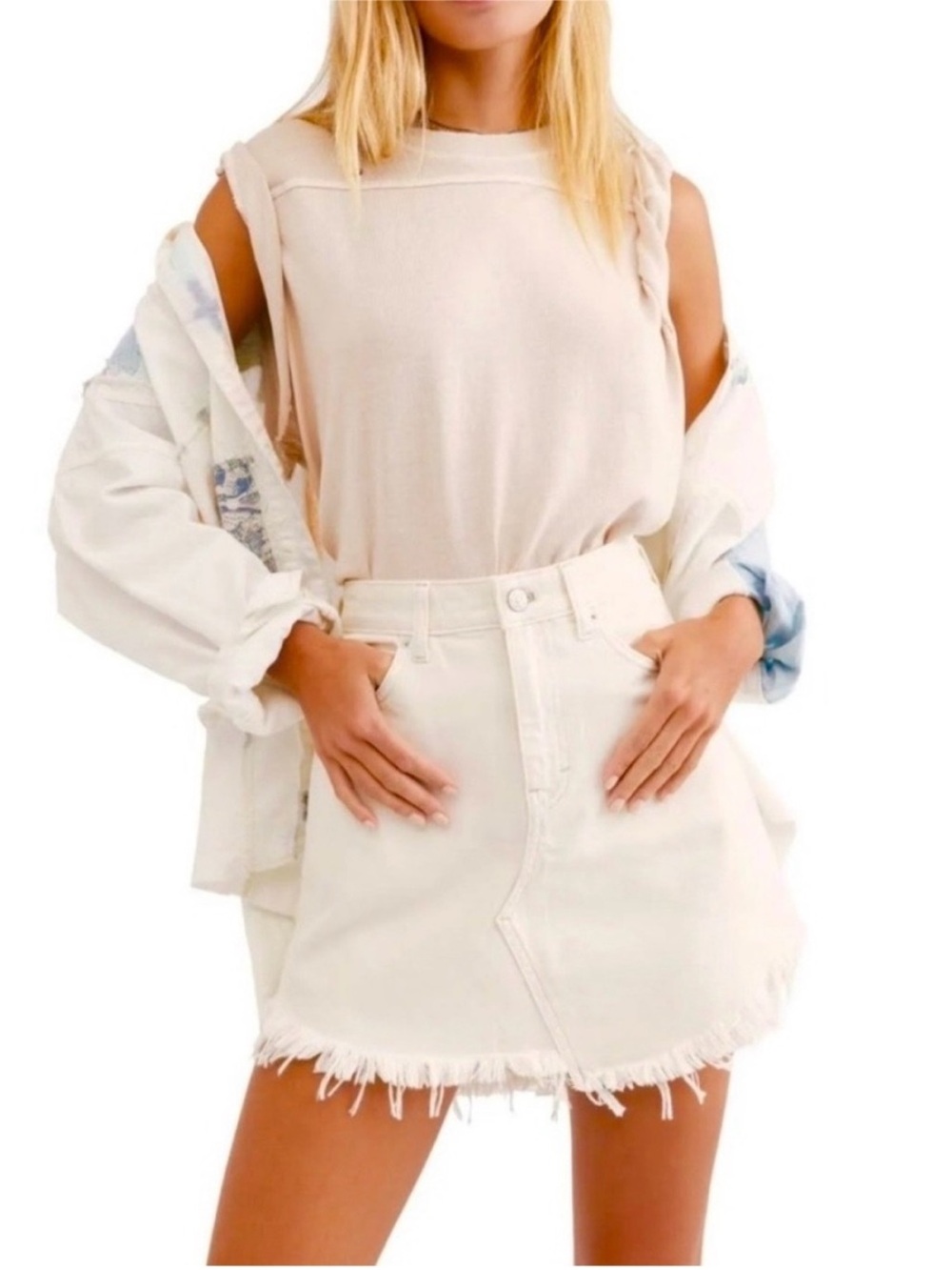 We The Free Denim Ivory Frayed Mini Skirt EUC